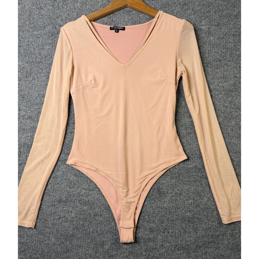 Honey Pot Bodysuit Women Medium Pink Long Sleeve Mesh Sheer‎ V Neck